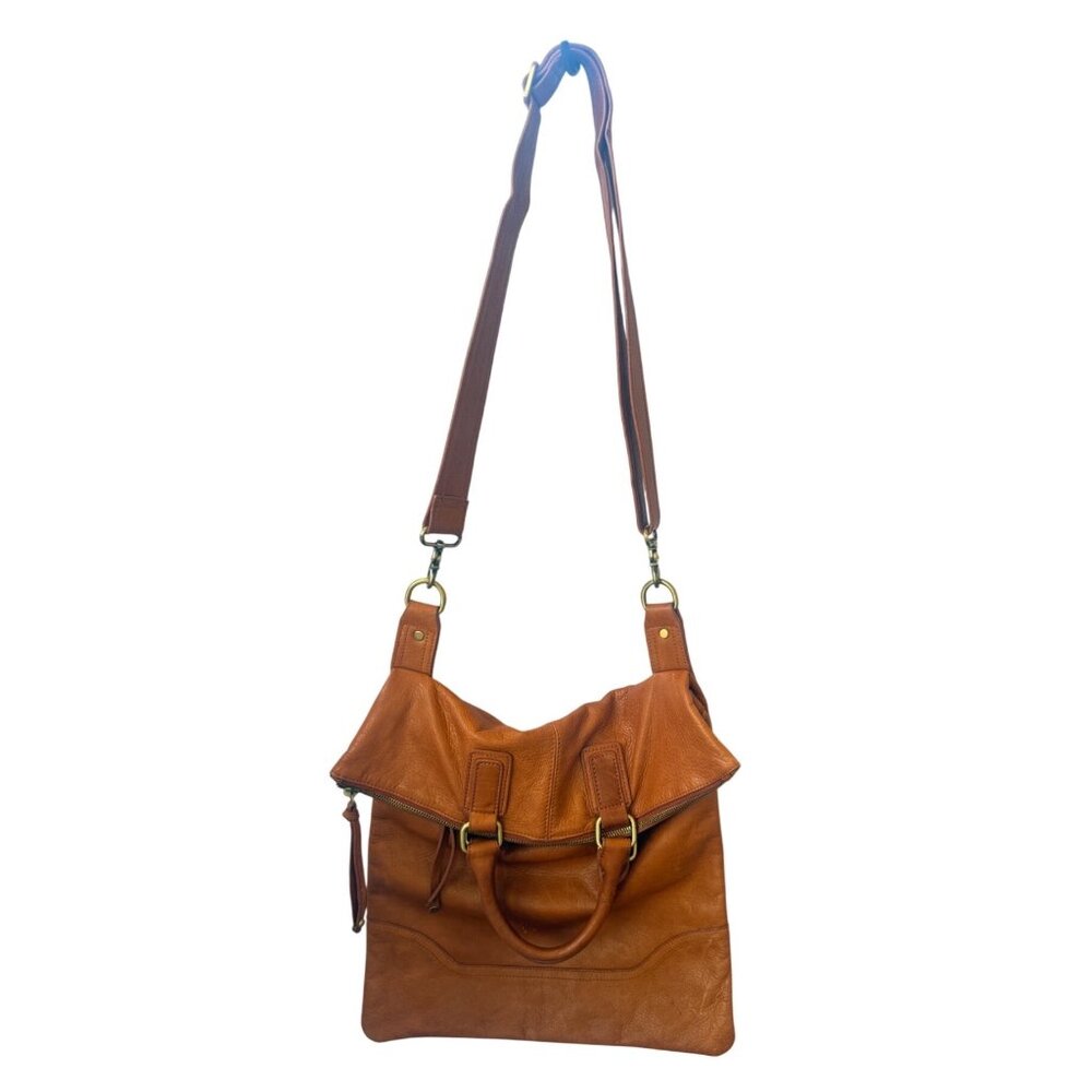 Sabina NY Leather Fold Over Crossbody Bag With Adjustable Strap Cognac